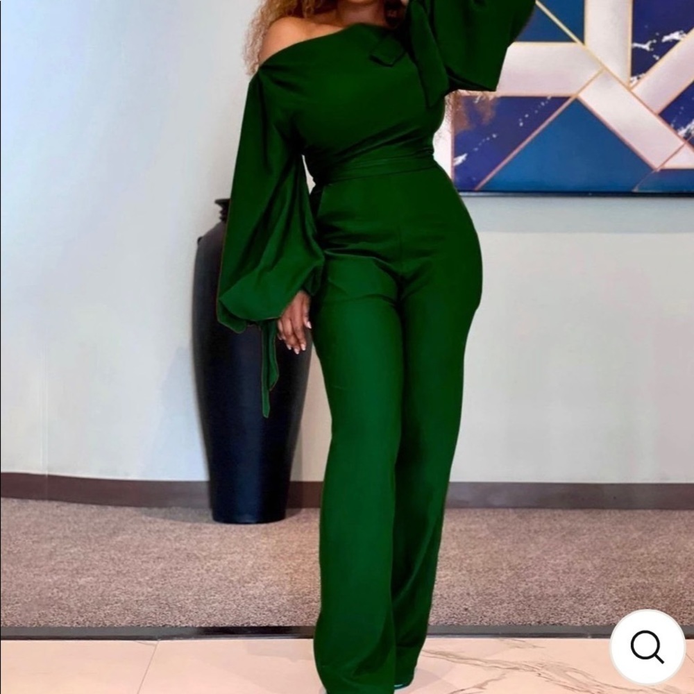 Green Solid Color One Shoulder Long Flared Sleeves Women Green  XL (runs small) 